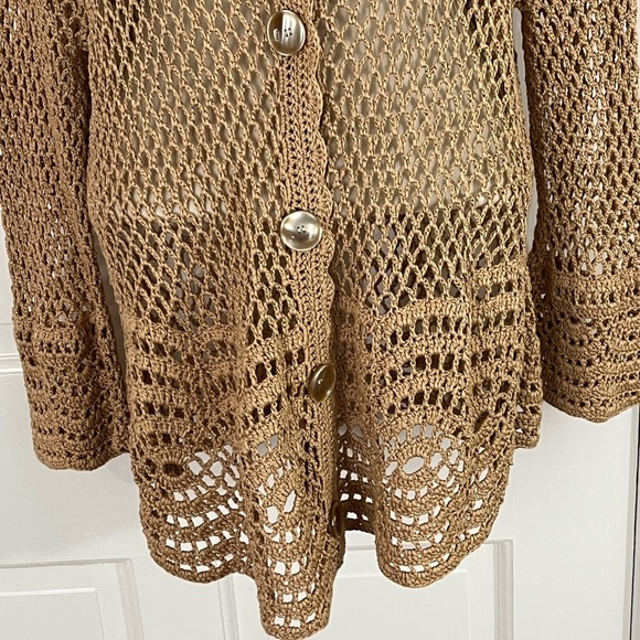 Jones New York Open Knit Cardigan Sweater Button Front Tan Neutral L/XL Boho - Picture 3 of 13